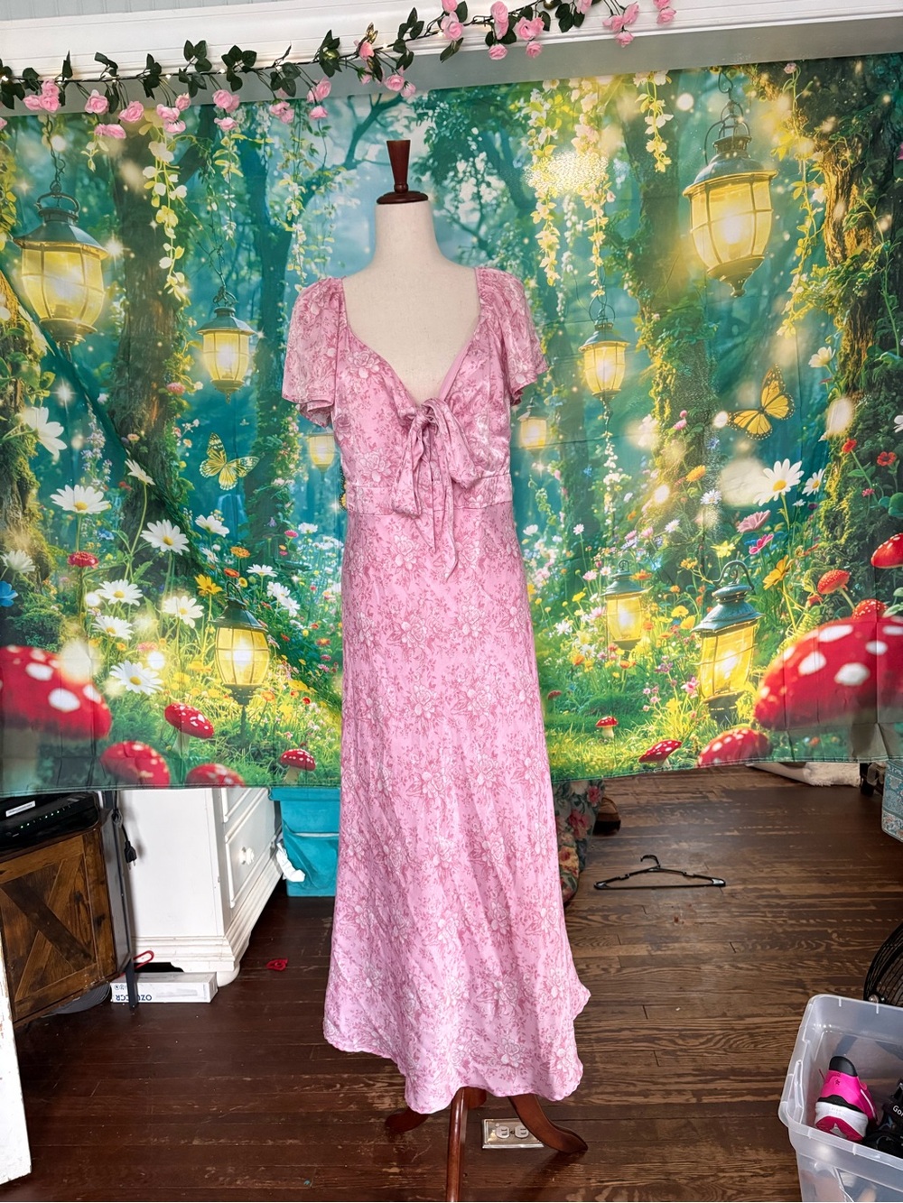 Floral Pink Tie-Front Maxi Dress